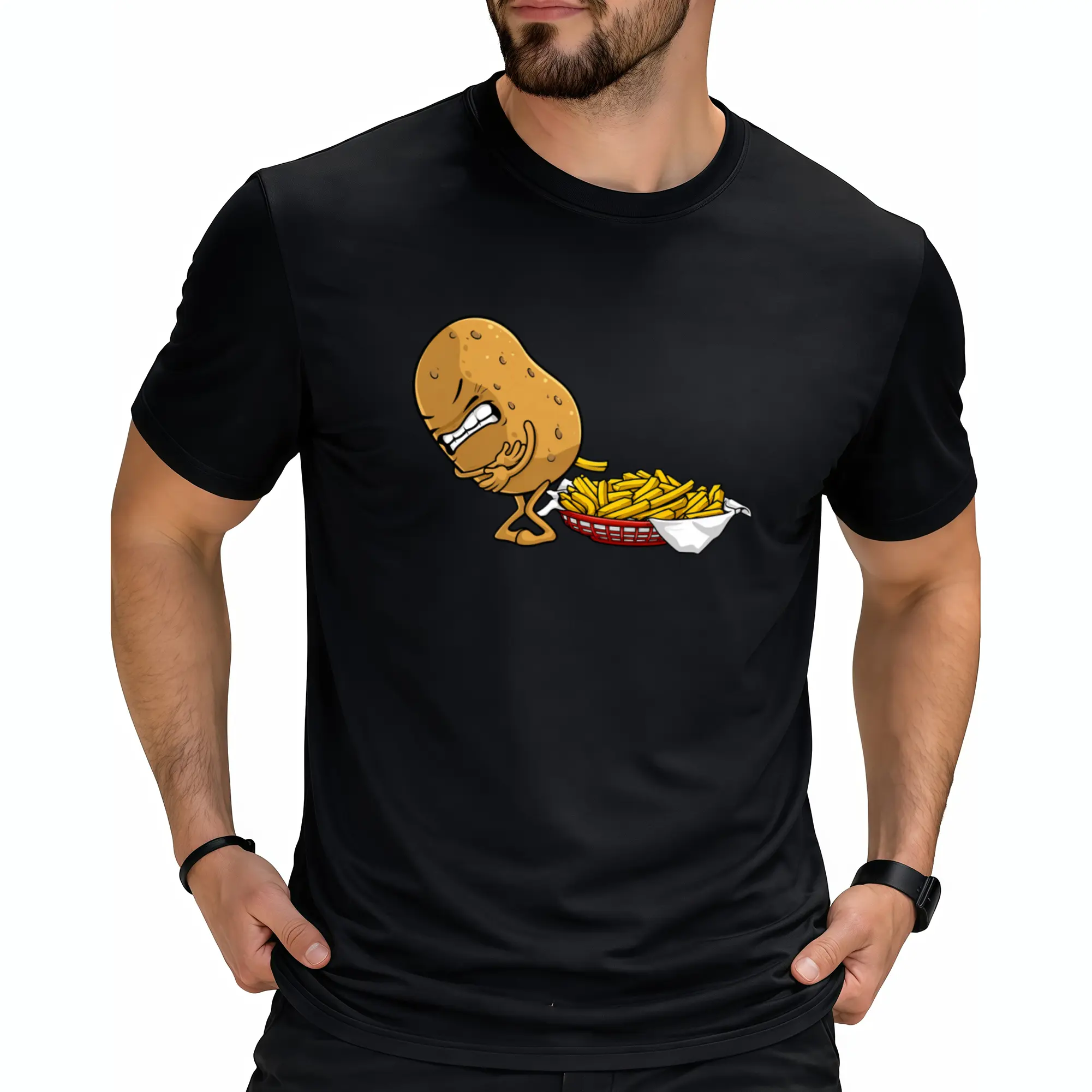 Men's Funny French Fries Graphic T-Shirt - Casual Short Sleeve Tee with Cartoon Potato Design, Regular Fit All-Season Top for Food Lovers & Humor Apparel, Digital Print Quality