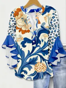 New Casual Spring Summer Plus Size Women's Floral Print V Neck Bell Sleeve Fashion Daily Shirt, Loose-Fitting, All Seasons