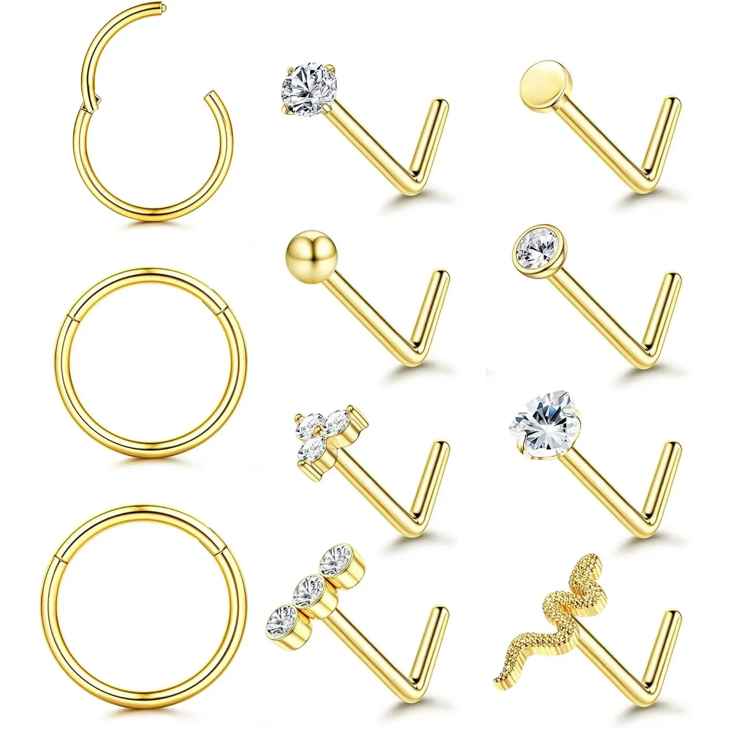 CASSIECA 11PCS 18G-20G Hypoallergenic 316L Stainless Steel Nose Piercing Jewelry Set - Multi-Size L-Shaped Cubic Zirconia Snake Studs, 6MM/8MM/10MM Septum Cartilage Helix Conch Hoops for Women, Earring, Engagement Ring, Engagement Rings