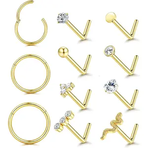 CASSIECA 11PCS 18G-20G Hypoallergenic 316L Stainless Steel Nose Piercing Jewelry Set - Multi-Size L-Shaped Cubic Zirconia Snake Studs, 6MM/8MM/10MM Septum Cartilage Helix Conch Hoops for Women, Earring, Engagement Ring, Engagement Rings