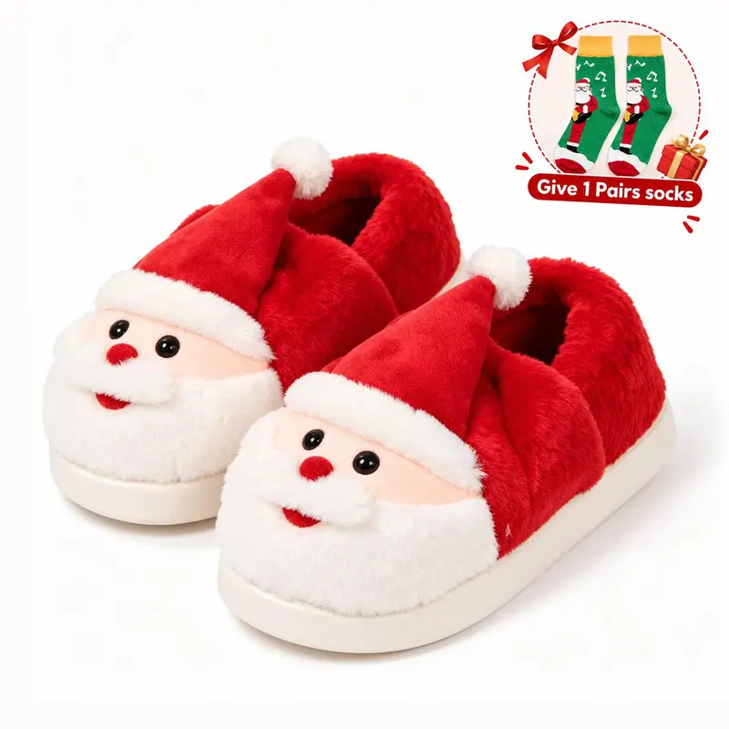 GRIP&GO Unisex Fluffy Santa Claus Cotton Slippers - Cute Round Toe, Warm, Anti-Slip Sole, Fluffy Home Slippers for Women, Ideal Christmas Gifts