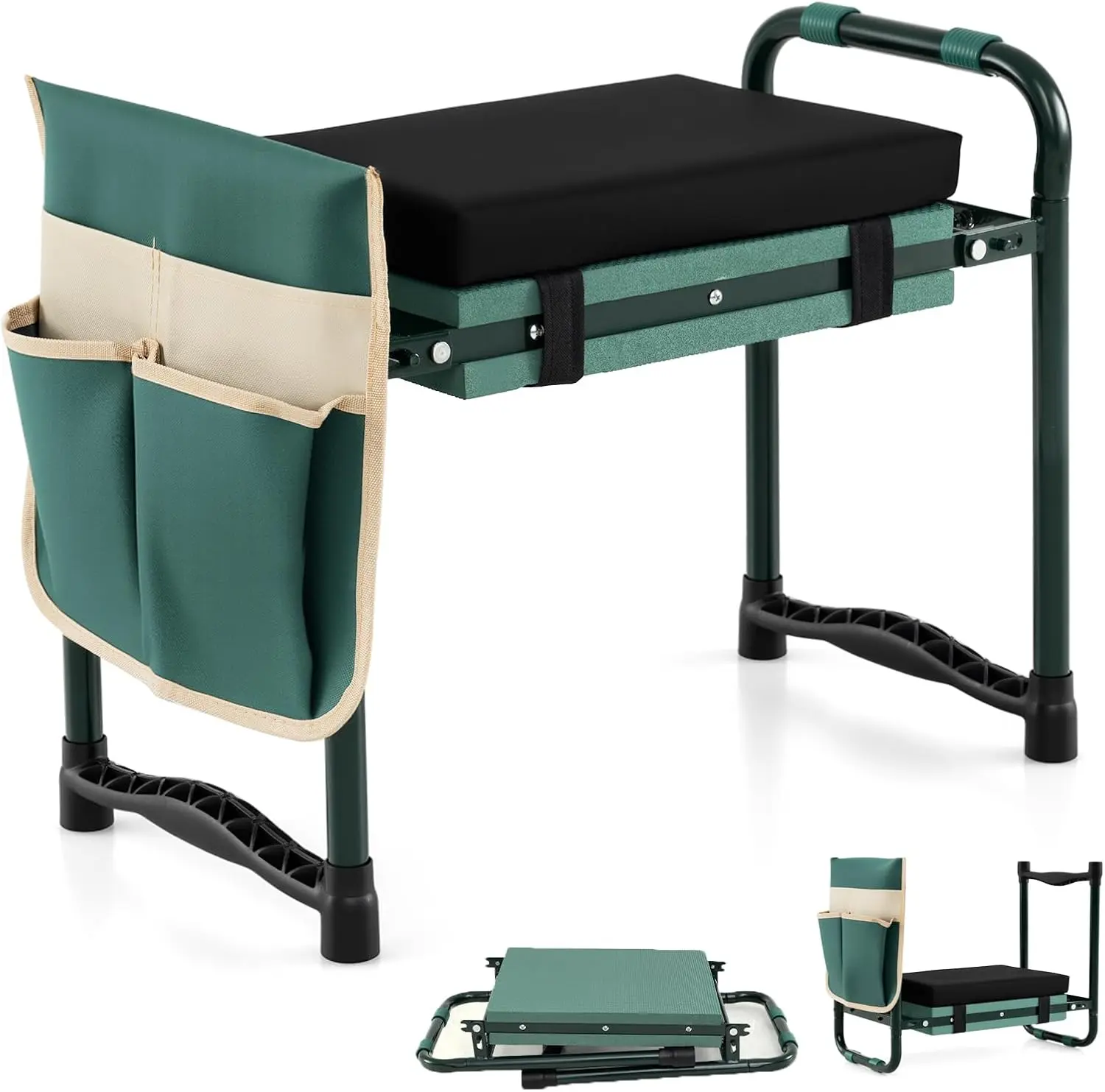Costway Garden Kneeler and Seat with 14" L×11" W EVA Kneeling Pad, Green | Foldable Gardening Bench with Detachable Tool Pouch, Heavy Duty Steel Frame, Portable Gardening Stool for Seniors Adults