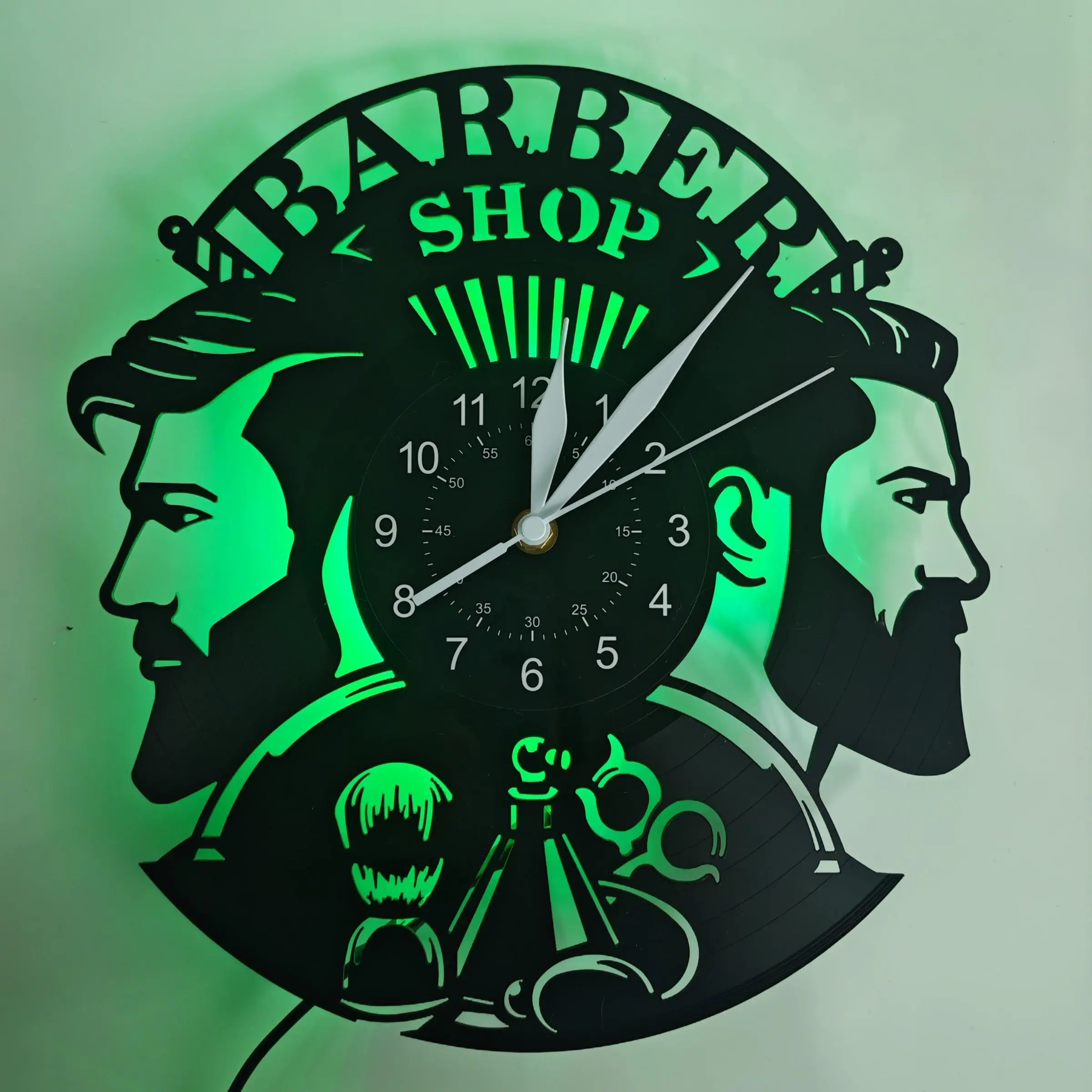 Barber Shop Theme Vinyl Record Wall Clock, Silent Analog Clock, Decorative, Silent Operation, LED Seven Colors, Ideal for Barber Shops, Salons, Clubs, Bedrooms, Living Rooms