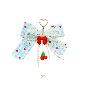 Red Rose Coquette Cherry Bag Charm / Blue Stripe Handmade Bow Cherry Purse Charm / Bag Charm Fashion Accessory