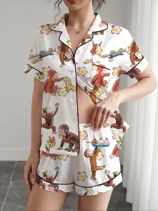 Women's Cute Monkey Printed Pajama Set, Casual Fitted Shirt & Elastic Shorts, Soft Top & Comfortable Pants, All-Season Home Wear