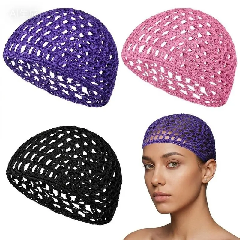 Humwam 3-Pack Knit Mesh Hair Net Shower Caps, Custom 1-Size Crochet Palm Design, Elastic Lightweight Wear, Breathable Showerproof Bathroom Accessory for Short Hair Haircare, Mother, Hair Protection