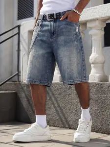 Men's Vintage Washed Denim Shorts, Jean Summer Street Style, Menswear Streetwear, Loose-Fitting, Button Fly, Pocket Design, Perfect for Daily Wear