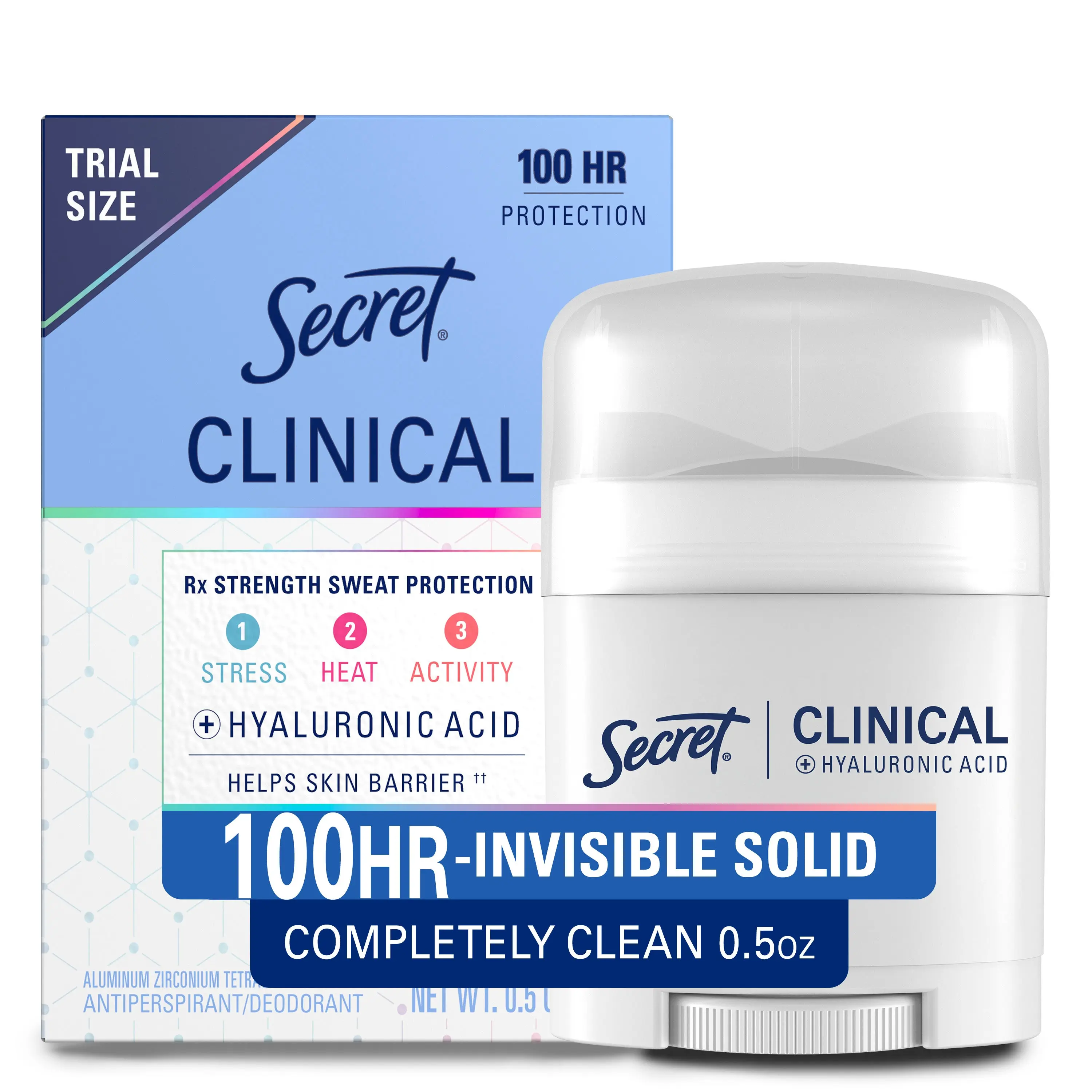Women's Secret Clinical Strength 100HR Invisible Solid Antiperspirant & Deodorant, Gentle Daily Body Care with Hyaluronic Acid, 0.5 oz
