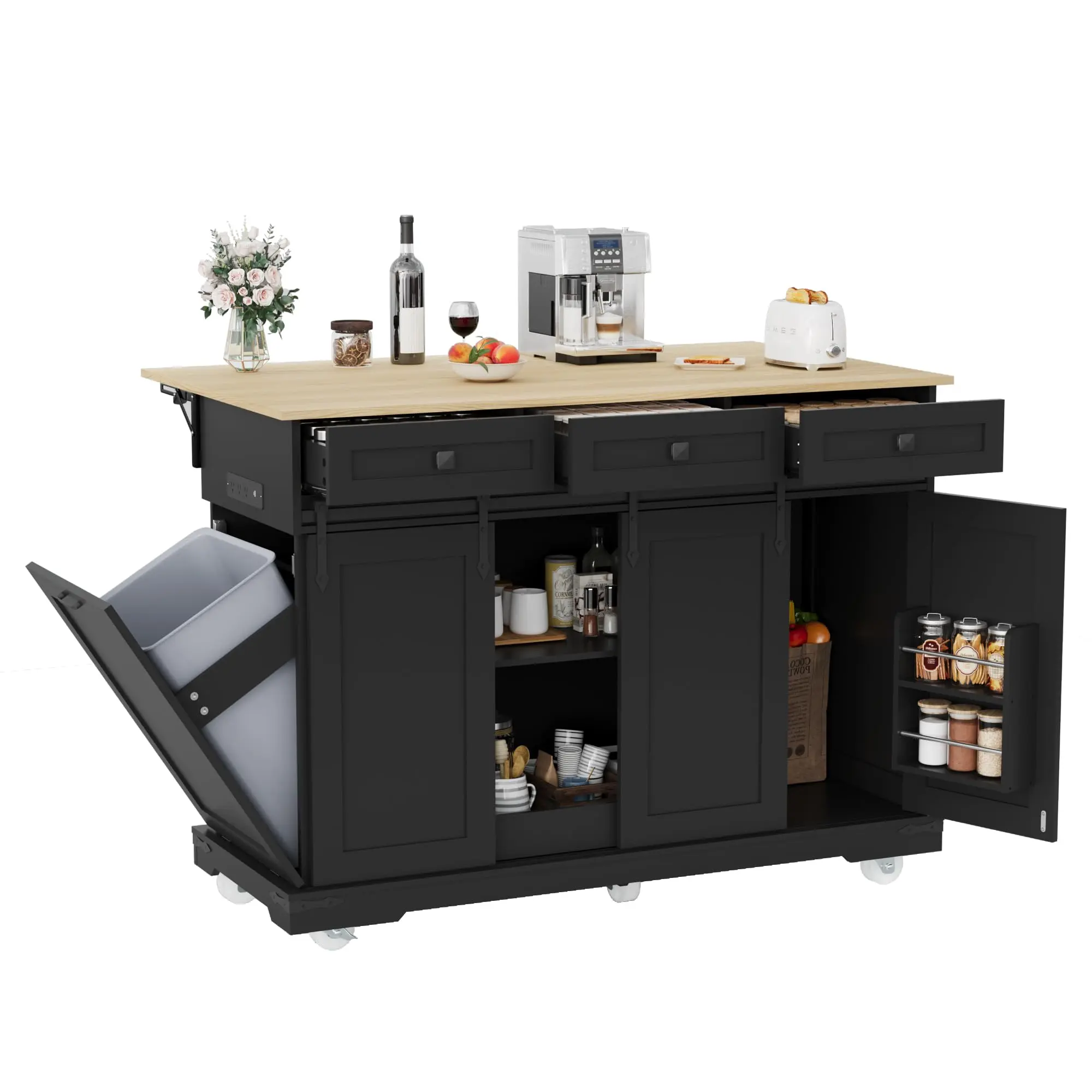 Garvee Rolling Large Kitchen Island Cart with 3 Drawers, Drop Leaf, Trash Can Storage, 1 USB-A Power Outlet, Spice Rack, Towel Holder, Cutlery & Appliances Storage, Space-Saving Black Indoor Cabinet, With Drawers