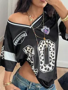Women's Spring Summer Streetwear Y2K Leopard Print Number Graphic Football Jersey V-Neck Jersey T-Shirt