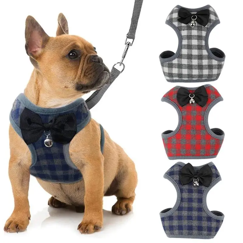 Plaid Dog Harness and Leashes Set Fashion Pet Bowtie Tuxedo Vest Harness for Small Medium Dogs Cats Puppy French Bulldog