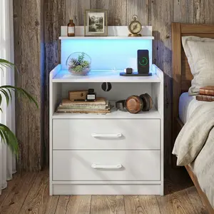 - White LED Nightstand with Charging Station, Bedside Table with 2 Drawers & Open Storage, RGB LED Lights, 2 USB Ports + 2 Outlets, 15.7"Dx17.7"Wx28.7"H, MDF Material