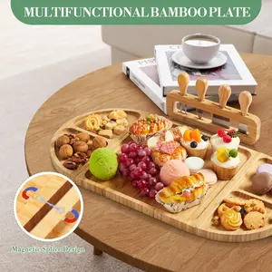 Bamboo Charcuterie Board and Serving Set, Magnetic Cheese Board with Knife Set, Long Charcuterie Boards Gift Set for Food Platter, Cracker and Snack, Ideal for Wedding, House Warming and New Home Gifts