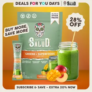 Salud 2-in-1 [Greens + Superfoods – Peach Mango] Daily Greens Drink Mix, Agua Fresca, Gut Health & Bloating Support, Probiotics & Prebiotics, Vegan, Non-GMO, Easy-to-Drink Greens Powder (15 Servings), Deals For You Days