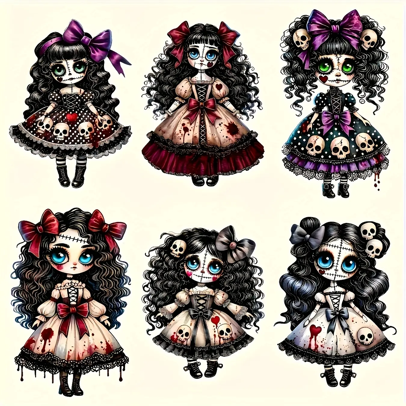 Set of 6 Victorian Gothic Zombie Iron-On Patches Showcasing Vampire Eyes, Skulls, Skeletal, Bone Motifs. Heat Transfer Decals Require No Sewing And Are Great for T-Shirts, Hoodies, Bags, Cushions. Perfect for Halloween Outfits And Party Decor, They Ar
