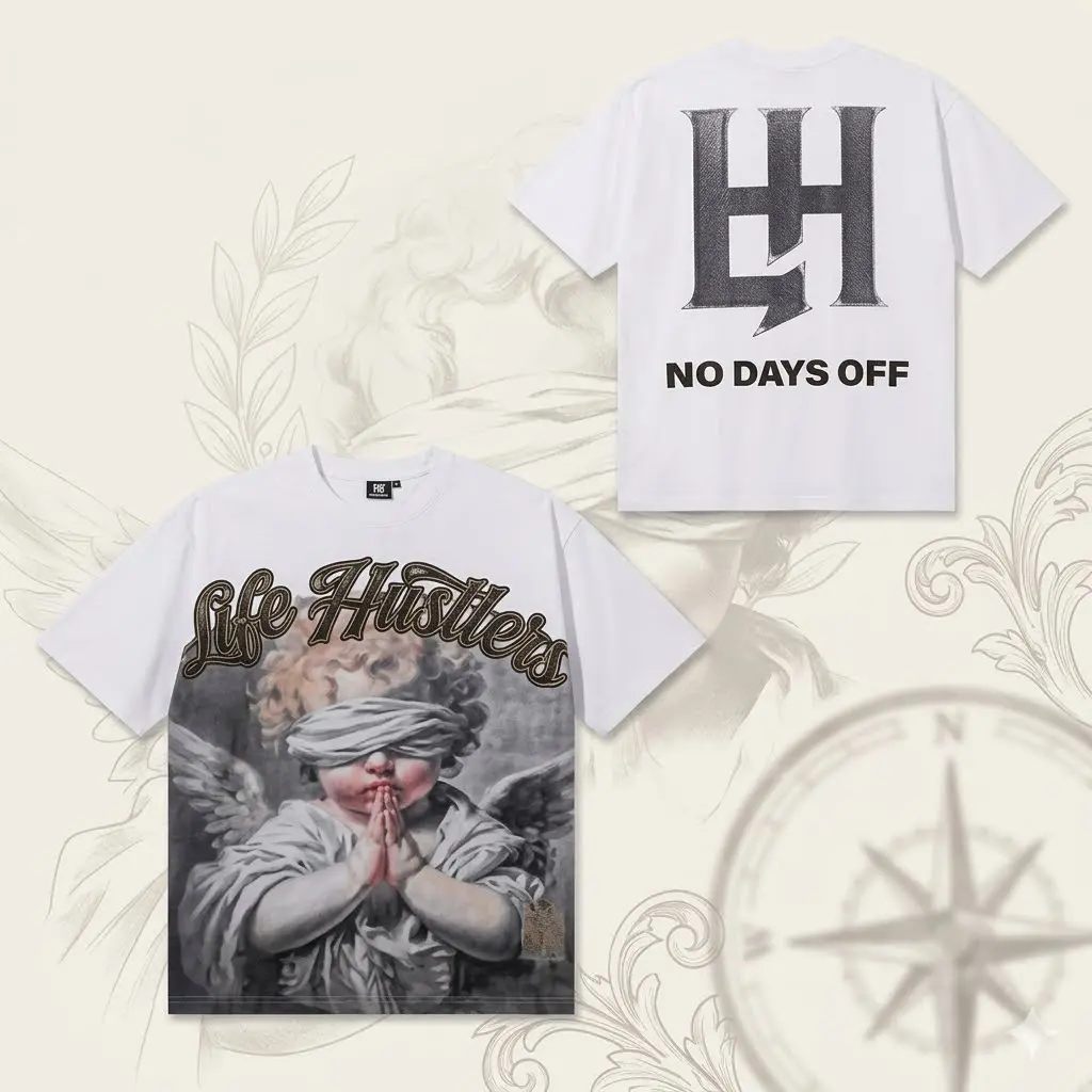 Life Hustlers Men's Short-Sleeve Heavyweight Oversized Sports T-Shirt - Rhinestone Angel Graphic, Blindfolded Baby Print, Y2K Grunge Streetwear Aesthetic Top