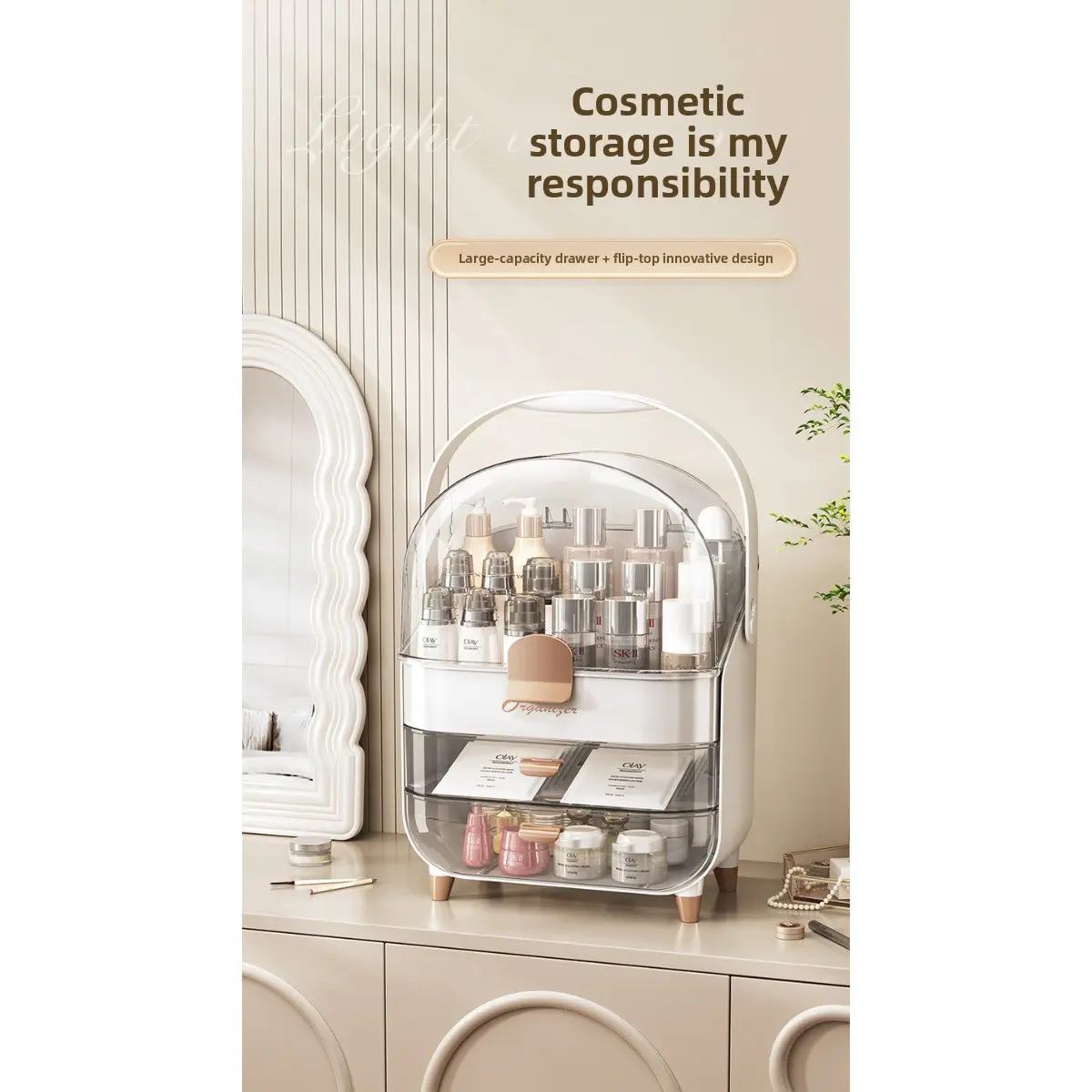 Light luxury cosmetics storage box, high-end sense, large-capacity dust-proof lipstick, mask, skin care product storage display stand, portable Organiser Avocado Green makeup organizer jewelry box storage organization skincare