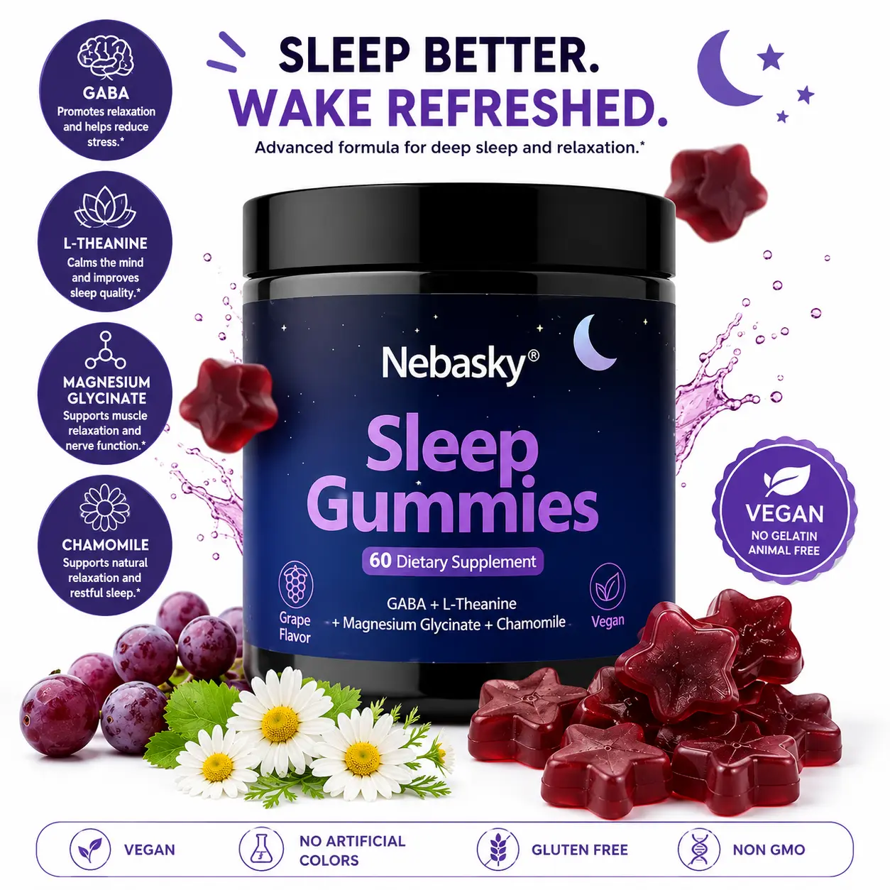 Nebasky Sleep Gummies with Magnesium Glycinate, GABA, L-Theanine & Chamomile – Vegan Nighttime Relaxation & Sleep Support – 60 Gummies