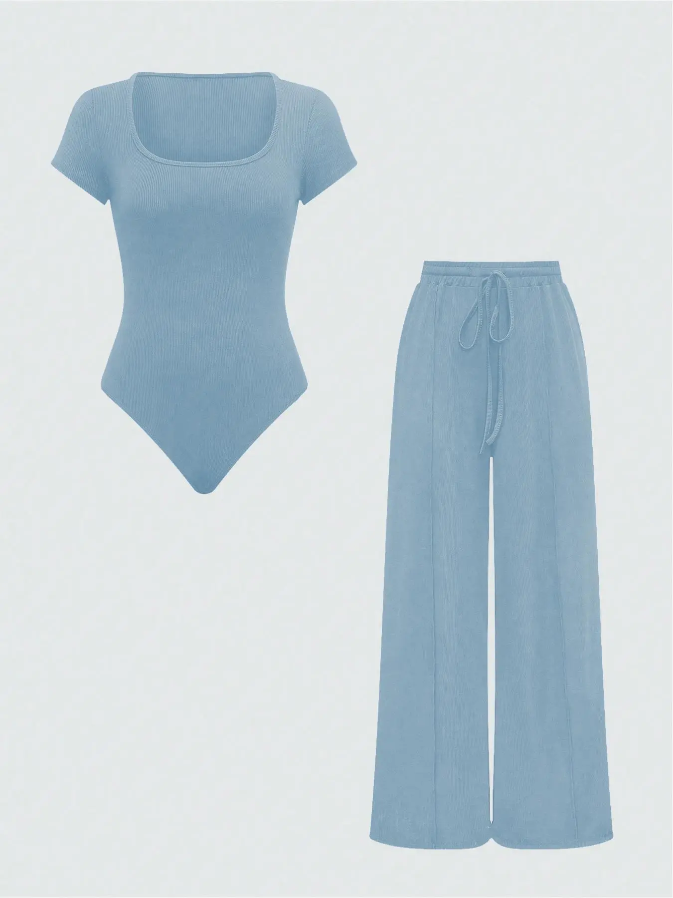 Women's Fitted Solid Color Bodysuit & Wide Leg Pants Set, Casual Minimalist Style Fashion Cozy Two-piece Outfits for Daily Outdoor Wear, Ladies Clothes for All Seasons