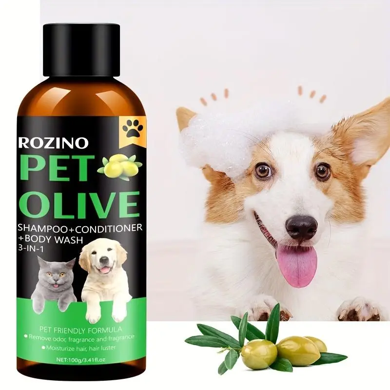 ROZINO 100g Pet Olive 3-in-1 Wash for Dogs and Cats, Shampoo Conditioner Body Wash All-in-One, Pet Friendly Deodorizing Moisturizing Grooming Product for Soft Fluffy Fur