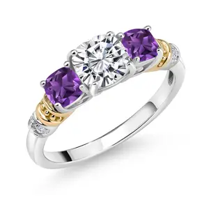 1.62 Cttw 925 Sterling Silver and 10K Yellow Gold IGI Certified Lab Grown Diamond and Amethyst 3 Stone Ring For Women | Center 1 Ct Cushion Diamond | E-F Color | VS1-VS2 Clarity