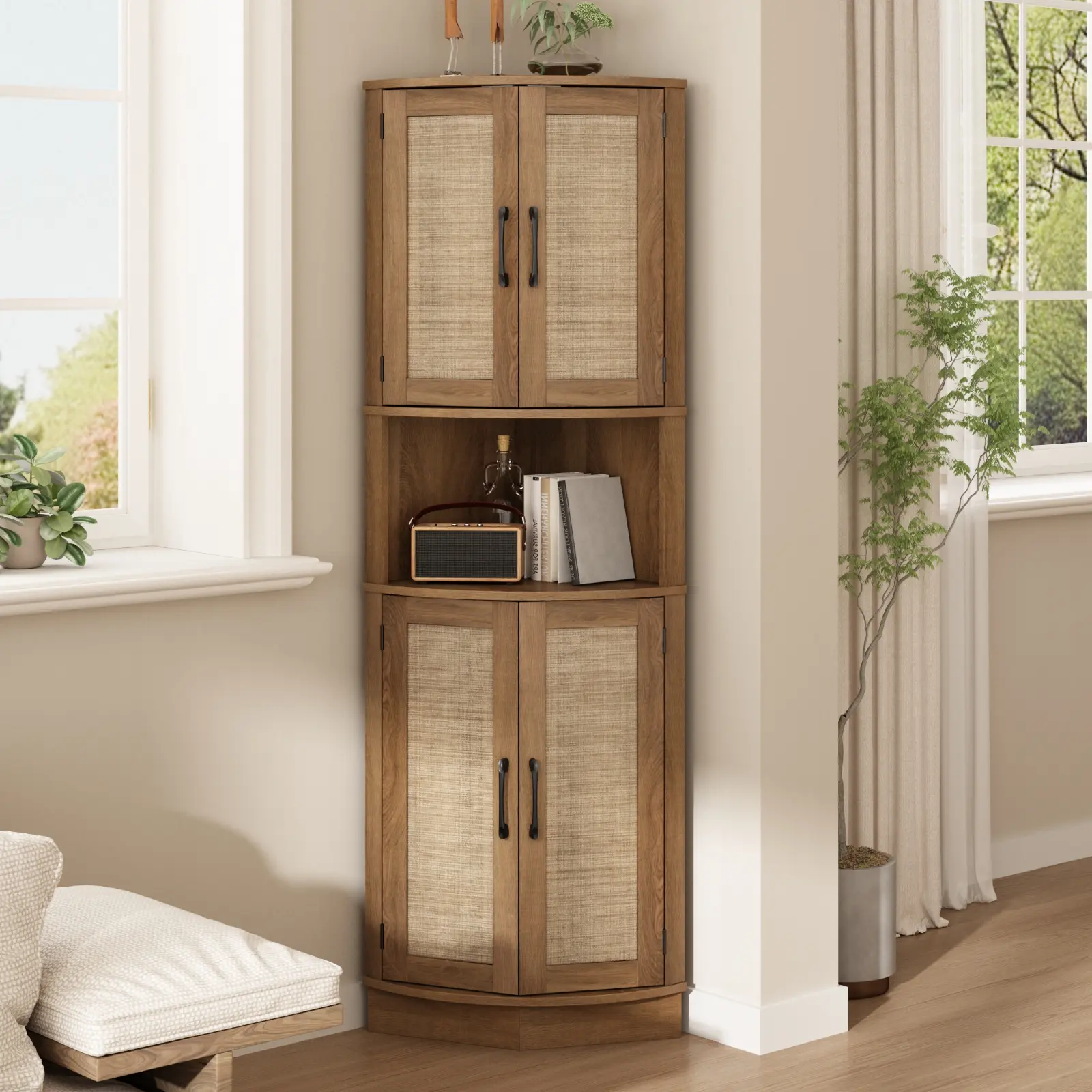 PieDle Furniture Tall Bohemian Rattan Corner Storage Cabinet - 4 Doors, 5 Shelves, 64.7" Height, Ideal for Living Room, Kitchen, Bathroom & Office Organization