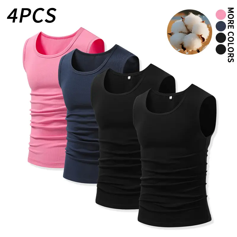 4 pcs solid color cotton sleeveless tank tops made from stretchy ribbed fabric, lightweight and moisture wicking base layers suitable for outdoor walks and sports training, also great paired with shirts and jackets as an inner layer.