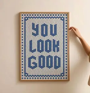 Unframed "You Look Good" Paper Poster Print - Hexagonal Tile Typography with Border, Multi-Size Mosaic Blue Navy Slogan Wall Art, Rustic Charm Bathroom Statement Decorative Prints