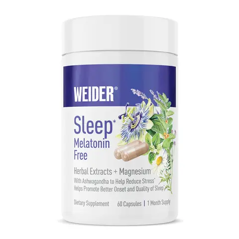 Weider Melatonin-Free Natural Sleep Aid for Adults - KSM-66 Ashwagandha, Magnesium Glycinate, Lavender, Chamomile, Valerian, Passionflower, Non-Habit Forming, No Morning Grogginess, Vegetarian Capsules, 60 Count, 1-Month Supply