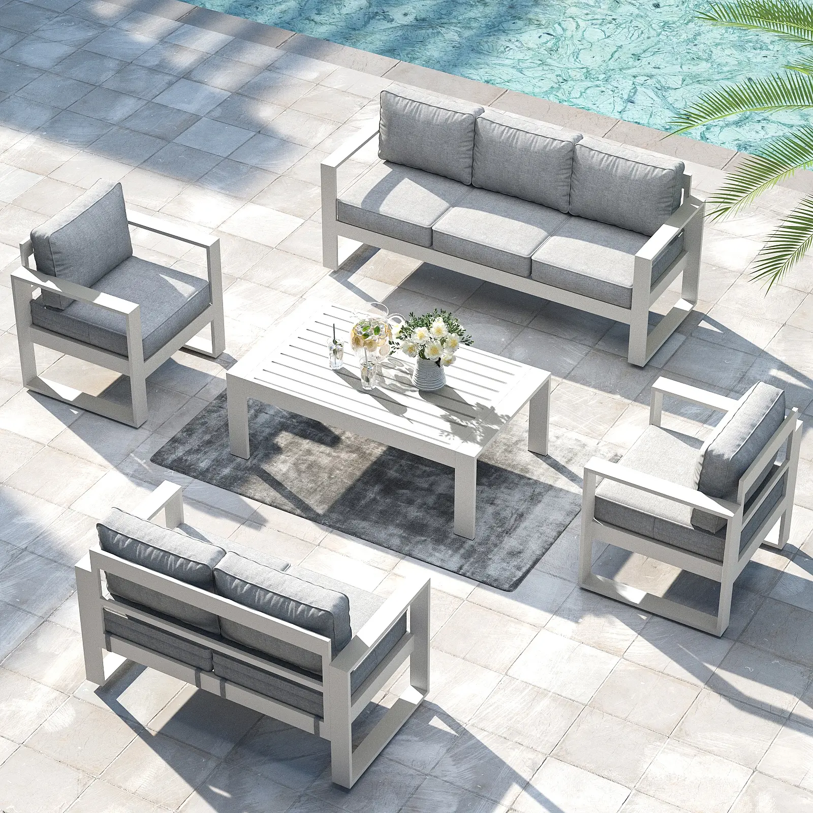 【3/4 Packages Shipping】LayinSun Aluminum Outdoor Patio Furniture Set, Metal Modern Conversation Sofa Set with Coffee Table and Washable Thick Cushions for Porch, Backyard, Deck