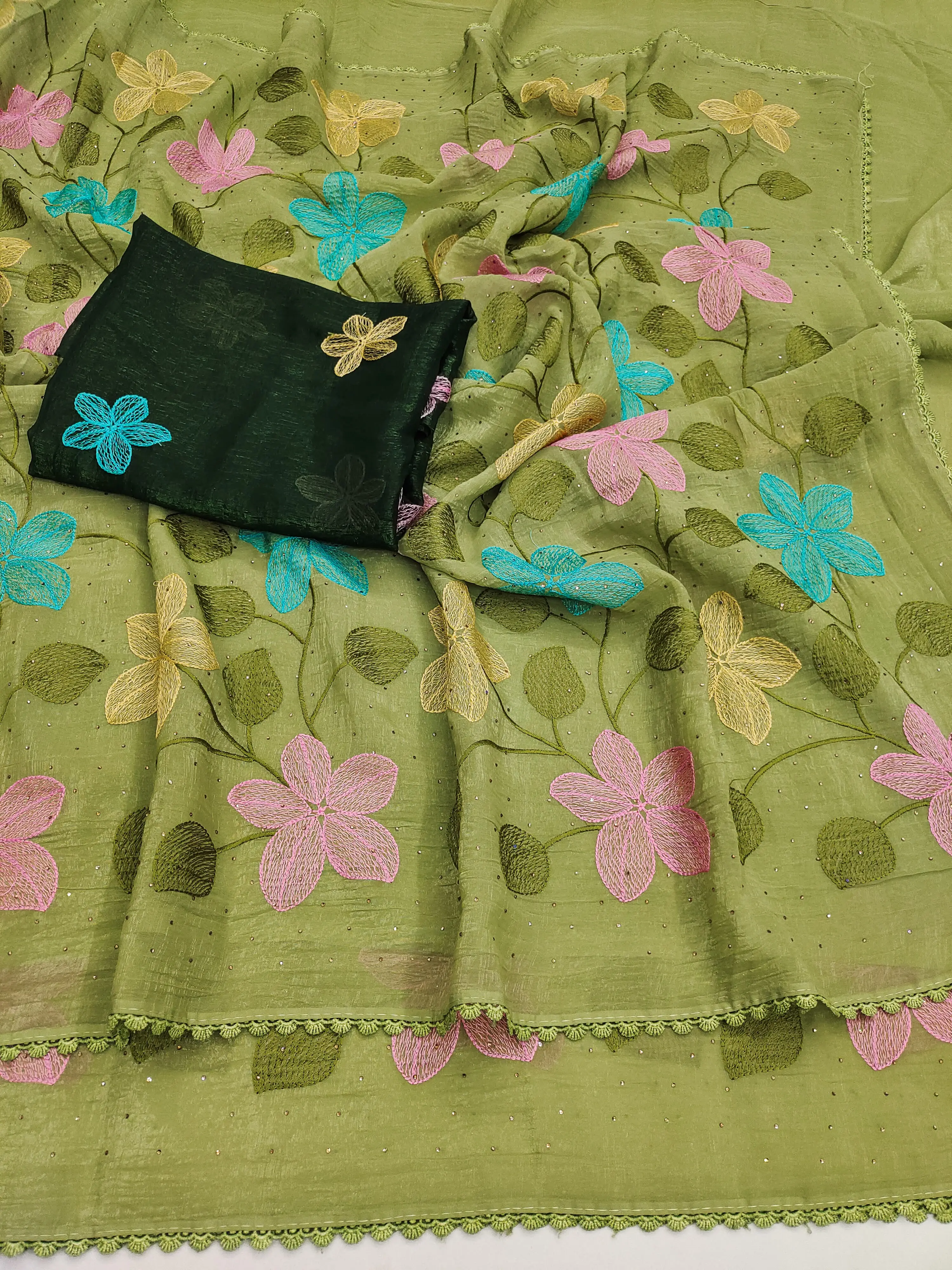 Crush Tissue Silk Saree, Women's Pista Green color, High quality traditional thread embroidery Saree.