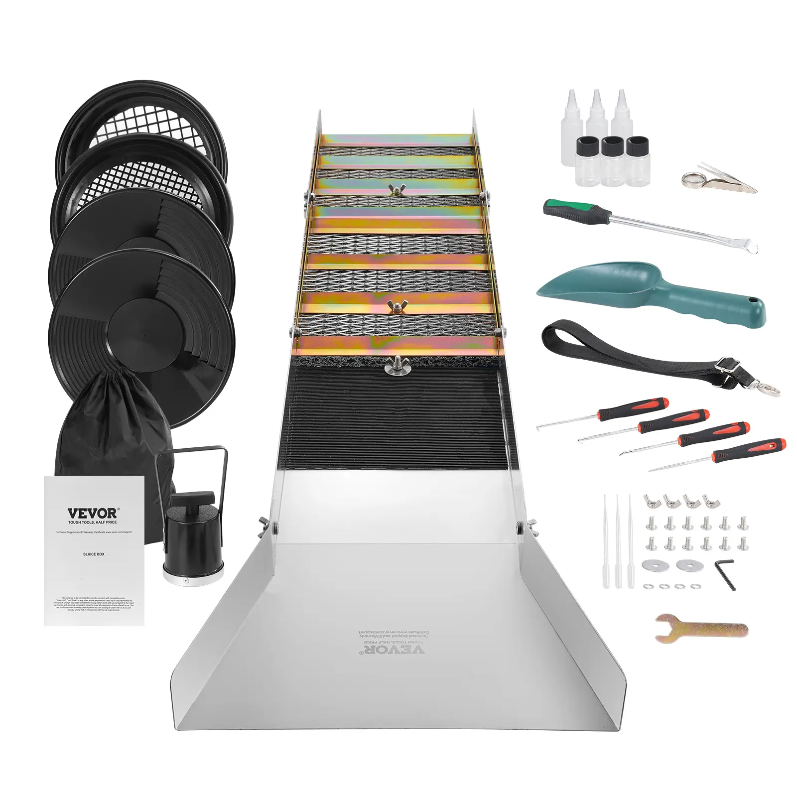 【summerfinds】VEVOR Folding Sluice Box Gold Panning Kit, 50 Inch 23pc Gold Prospecting Equipment Kit with Gold Pan, Classifier Screen, Separating Magnet, Backpack and More