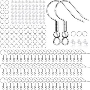 925 Sterling Silver Earring Hooks 150 PCS/75 Pairs,Ear Wires Fish Hooks,500pcs Hypoallergenic Earring Making kit with Jump Rings and Clear Silicone Backs Stoppers (Silver)