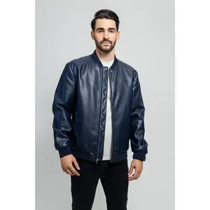 FM Men's Blue Vegan Leather Bomber Jacket