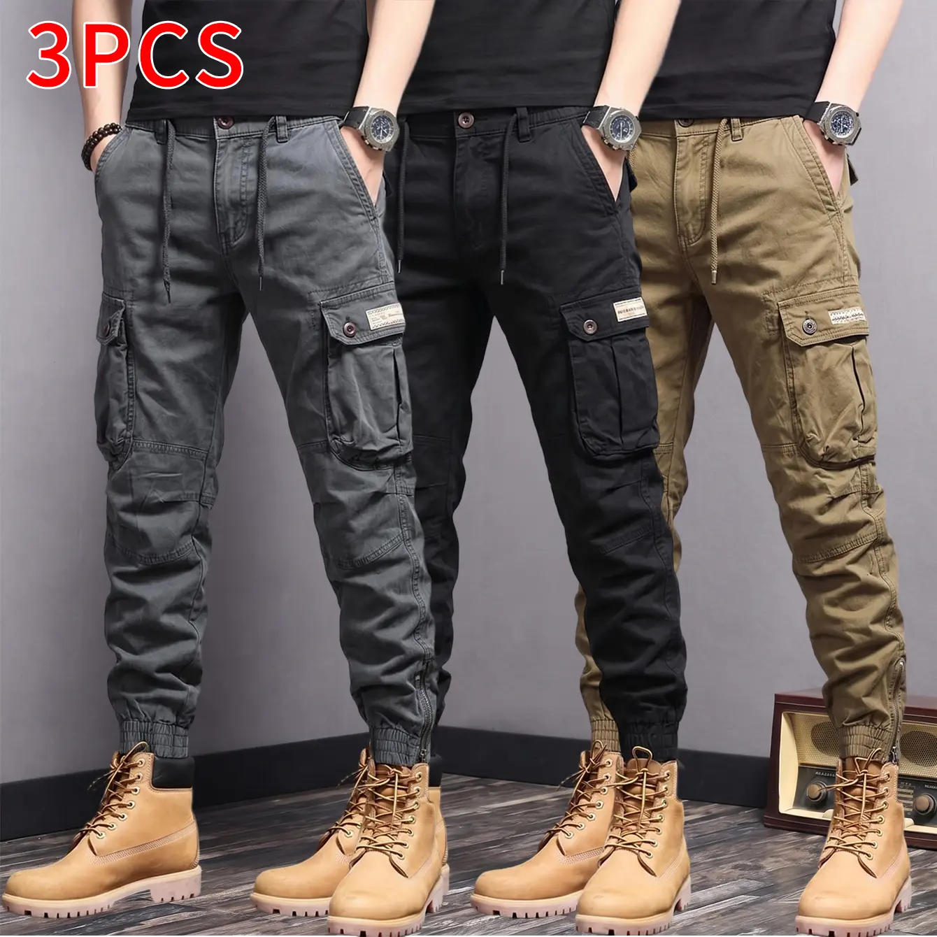 3-Pack American Vintage Pure Cotton Cargo Jogger Pants with Zippered Cuffs — Men’s Slim Fit, Figure-Flattering Tactical Long Pants for Commuting