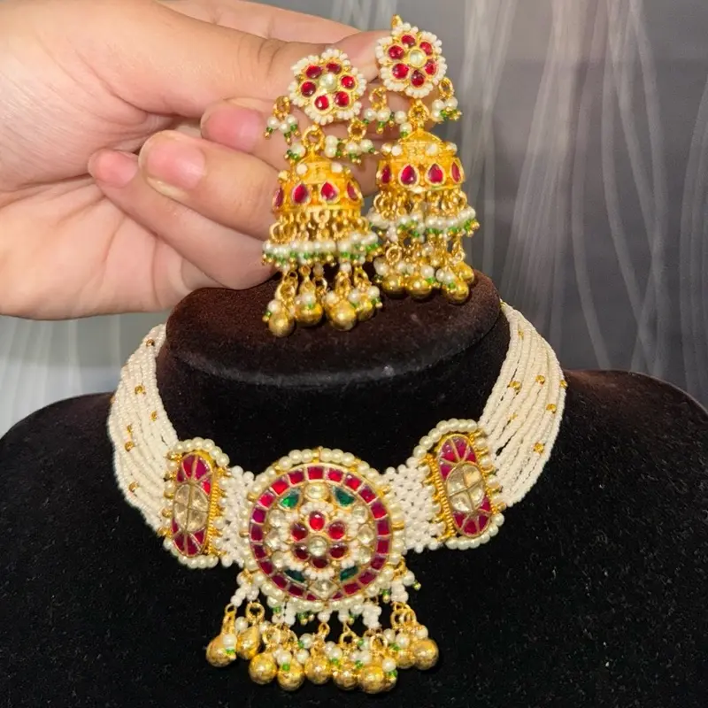 Women's Pachi Kundan Choker and Jhumke Set - Traditional Indian Bridal Jewelry for Weddings, Festivals