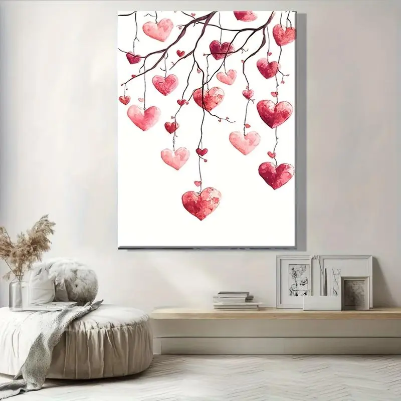 1 Piece Valentine's Day Love Tree Canvas Art with Solid Wood Frame - Romantic Heart and Berry Design, Wrapped Canvas Wall Decoration, Suitable for Bedroom, Living Room or Classroom, Perfect Gift for Home Decoration, Valentine's Day Decoration