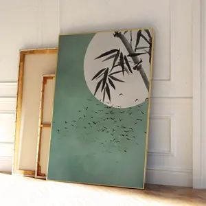 Japanese Wall Art Print, Moon and Flying Birds Poster, Sage Green Japandi Decor, Wabi Sabi Bamboo Landscape, Zen Living Room Wall Art, Unframed