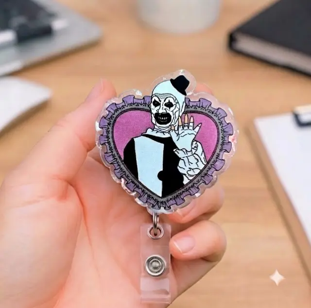 Creepy Clown Heart Badge Reel, Gothic Aesthetic Retractable ID Badge Holder, Spooky Horror Character Name Tag Clip for Nurses and Office Staff