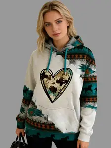New Women's Ethnic Style Heart Print Hooded Long Sleeve Sweatshirt, Casual Fall Winter Plus Size Pocket Design, Fashion Daily Wear