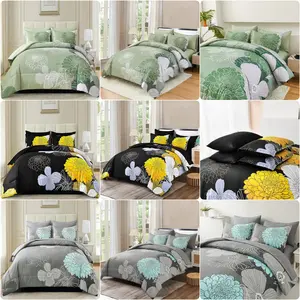 7 Pieces Flowers Bed in a Bag Green/Yellow/Grey Comforter Floral Bedding Set Soft Microfiber Queen King Size Comforter Sets with 1 Comforter 1 Flat Sheet 1 Fitted Sheet 2 Pillowshams and 2 Pillowcases