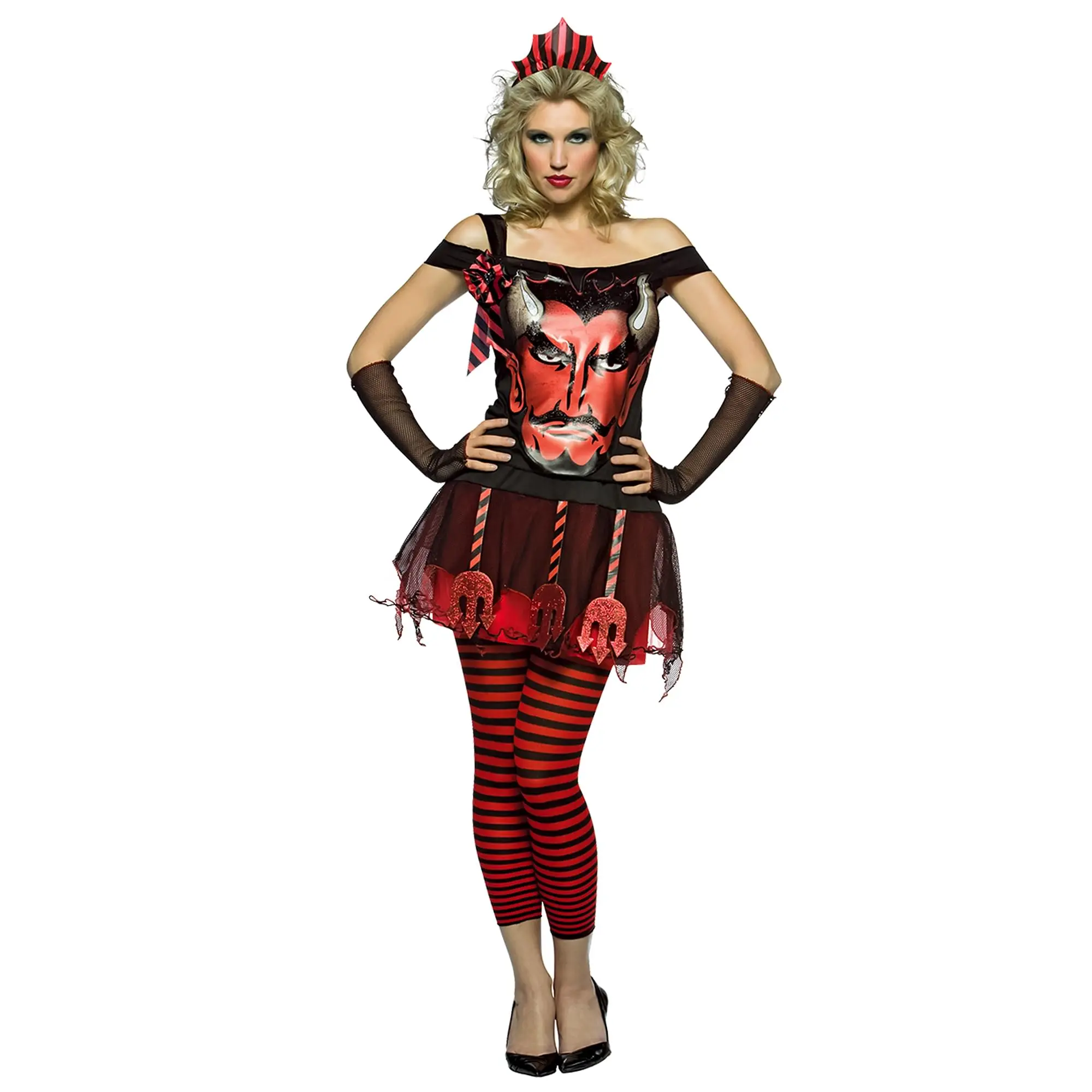 Adult Women's Devil Face Costume Dress, Party Clothes with Top and Ribbon Accessories, Striped