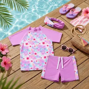 Girls' UPF 50+ UV Protection Two Piece Short Sleeve Rash Guard Bathing Suit - Long Sleeve Beach Swimwear for Kids 3-14 Years Old Sun Protective Swim Top and Bottom Set Perfect for Pool Ocean Water Activities