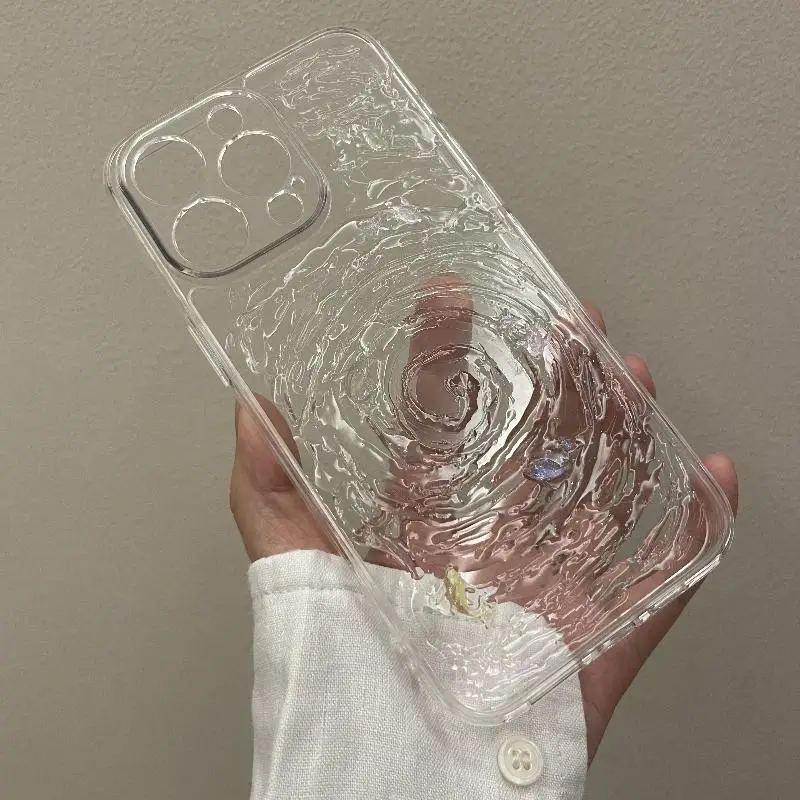 Water Ripple Pattern Clear Cellphone Protective Case, Creative Decorative Smartphone Protector Cover Compatible with iPhone 11 12 13 14 15 Plus Pro Ma