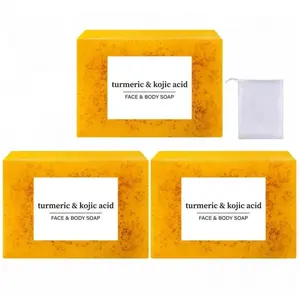 Lemon Turmeric & Kojic Acid Soap Bar, 3 Counts/set Face & Body Cleansing Soap with Soap Saver Bag, Daily Skincare Cleanser Set for Men & Women, Skincare Products, Turmeric Spots Soap, Turmeric Brightening Soap, Body Hygiene Products, Glowing Skin Soap