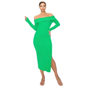 Off-shoulder Rib Midi Dress Casual Fabric