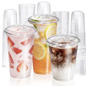 Fit Meal Prep [50/100 Sets] 16/20/24 oz Crystal Clear Go Coffee Plastic Cups with Strawless Sip Lids - Sturdy BPA-Free To-Go Cups for Iced Coffee, Smoothies, Boba ,  Party  & Home Cafe Aesthetic 