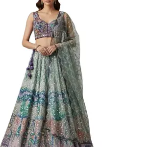 Bridal Lehngas for Women Designer Wedding Wear with Heavy Embroidery Long Skirt Short Sleeves Purple Color Elegant Formal Halter Casual Glitter Sequins Blouse Overall