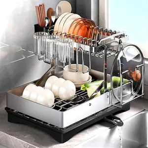 Dish Drying Rack - Multifunctional Kitchen Rack with Tableware Racks & Cup Holders, 2 Tier Collapsible Stainless Steel Organiser