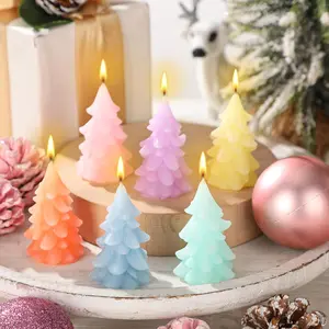 6 count Pastel Christmas Tree Candles Cute  Unscented Wax Candles Candy Colors Christmas Tree Decor for Xmas Holidays Candyland Party Bedroom Table Decorations
